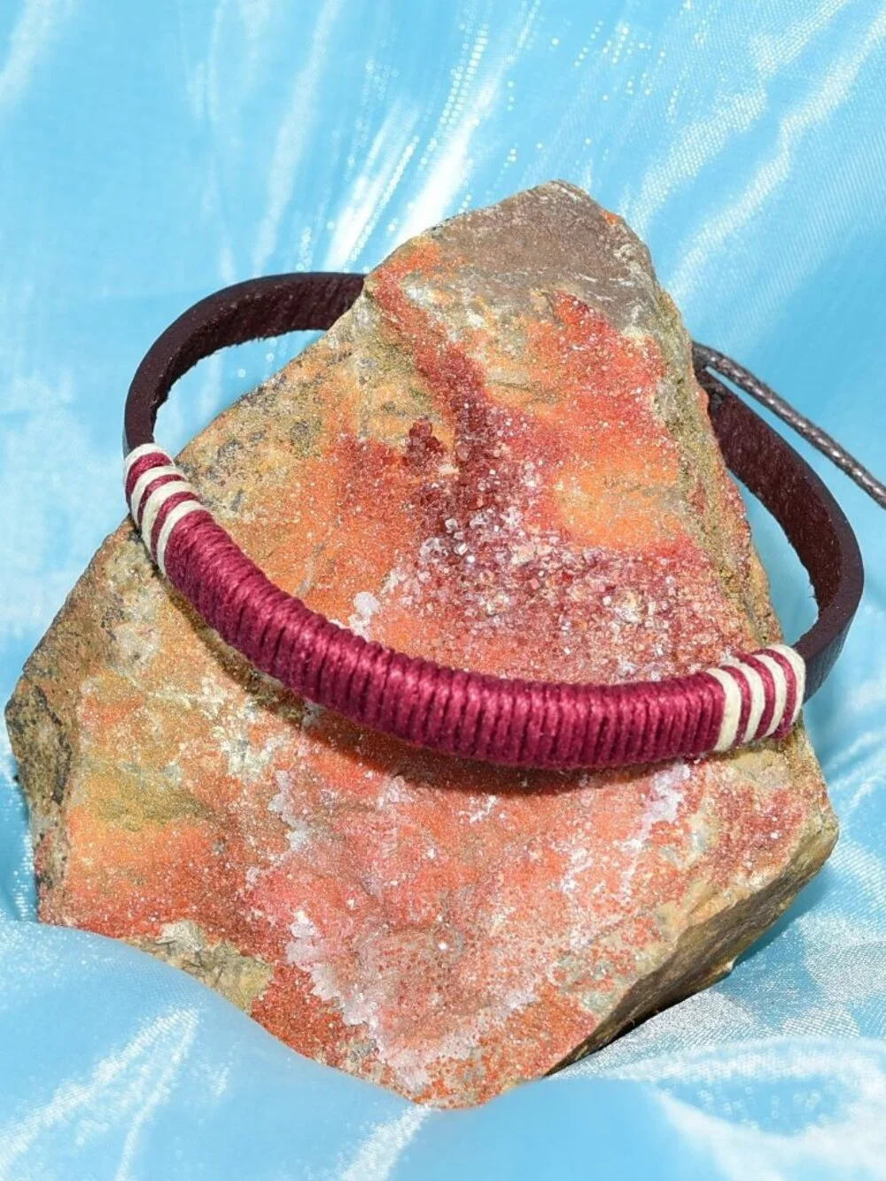 Taylor Rei Hemp Accent Bound Leather Bracelet Maroon Wine Red Mens Gift Boxed